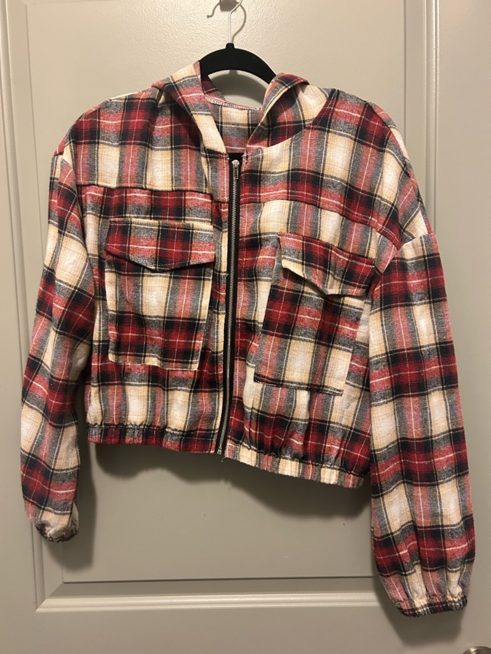 SHEIN Classic Red & Cream Plaid Zip-Front Crop Jacket